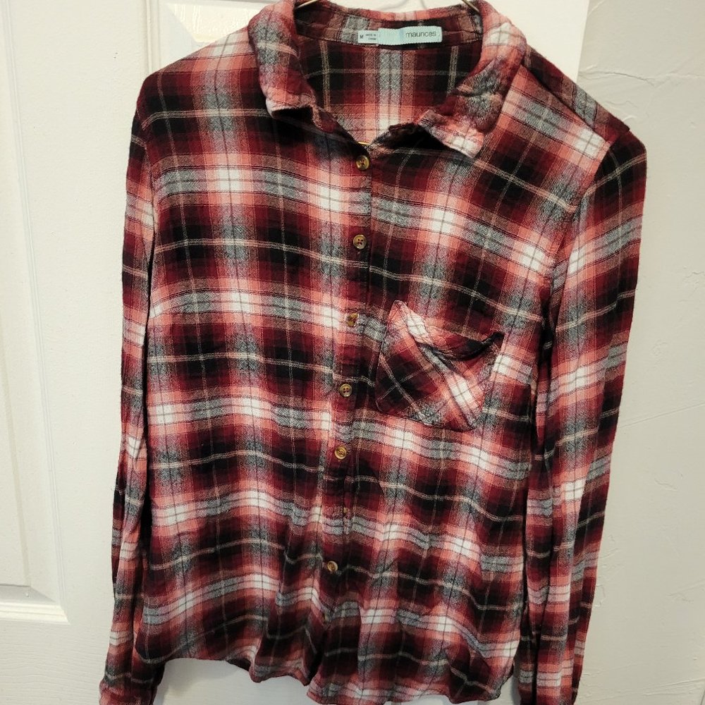 EUC Maurices Red and Black Button Down Shirt Notched Collar - Picture 1 of 7